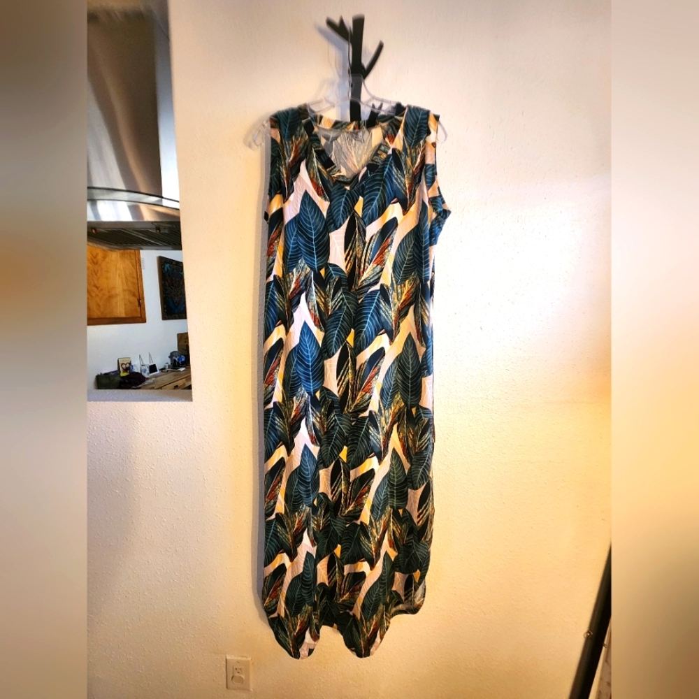 Tropical Leaf Print Sleeveless Dress XL